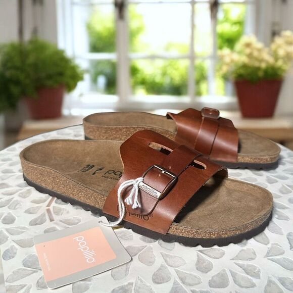 Birkenstock Papillio Carmen Leather Slide Sandals Cork Footbed EU 38 US 7 New - Picture 1 of 8